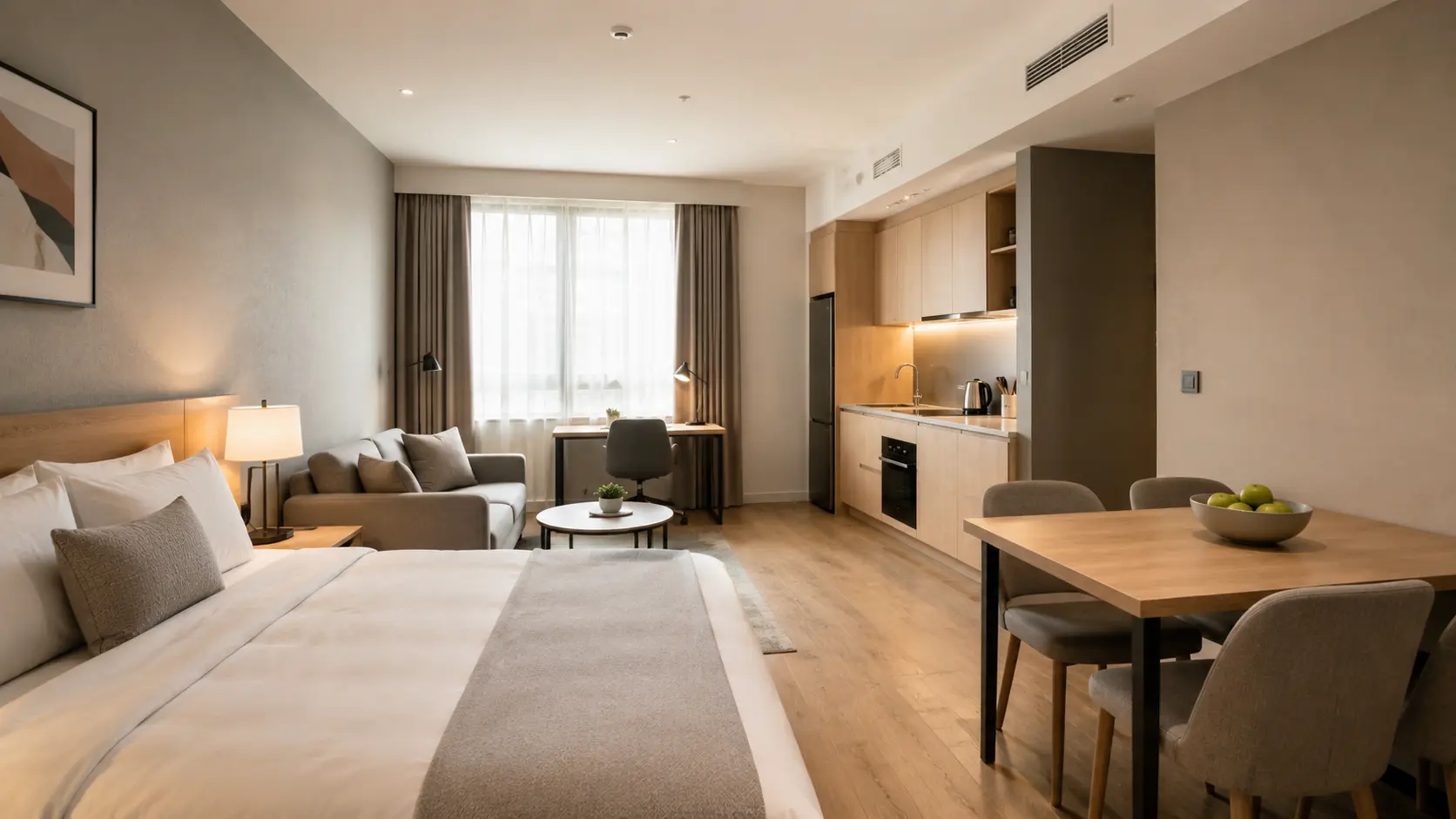 Funkcjonalny apartament z aneksem kuchennym, miejscem do pracy i wydzieloną strefą wypoczynku.